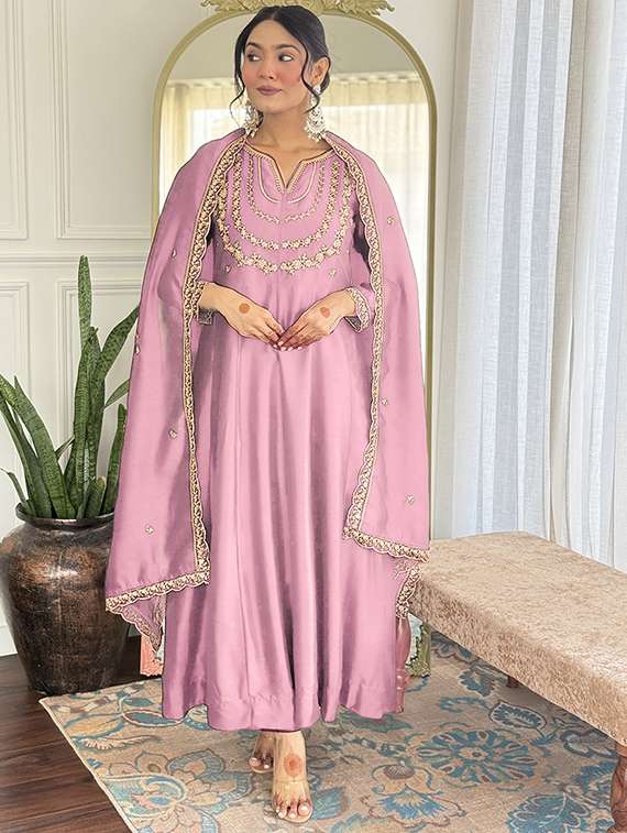 women embroidered long sleeve anarkali kurta pant with dupatta set