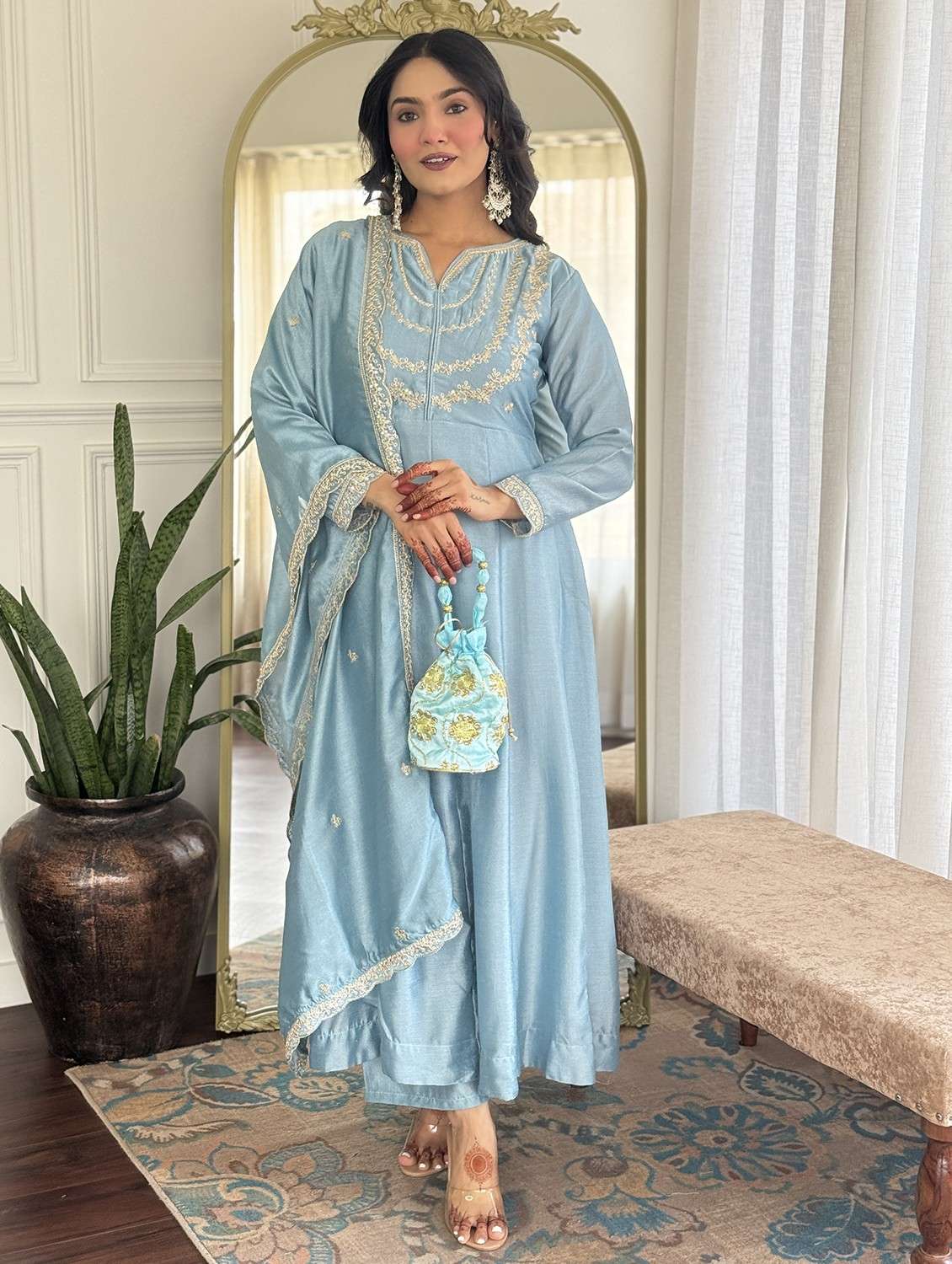 women embroidered long sleeve anarkali kurta pant with dupatta set