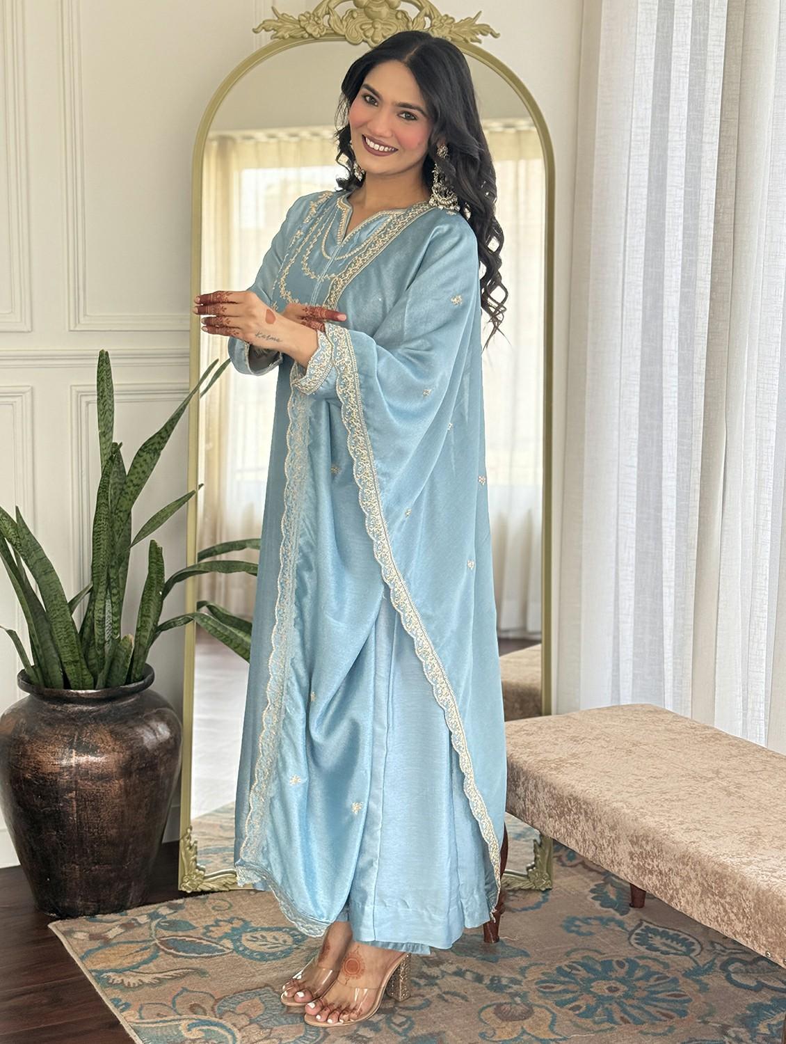 women embroidered long sleeve anarkali kurta pant with dupatta set - 22004669 -  Standard Image - 1