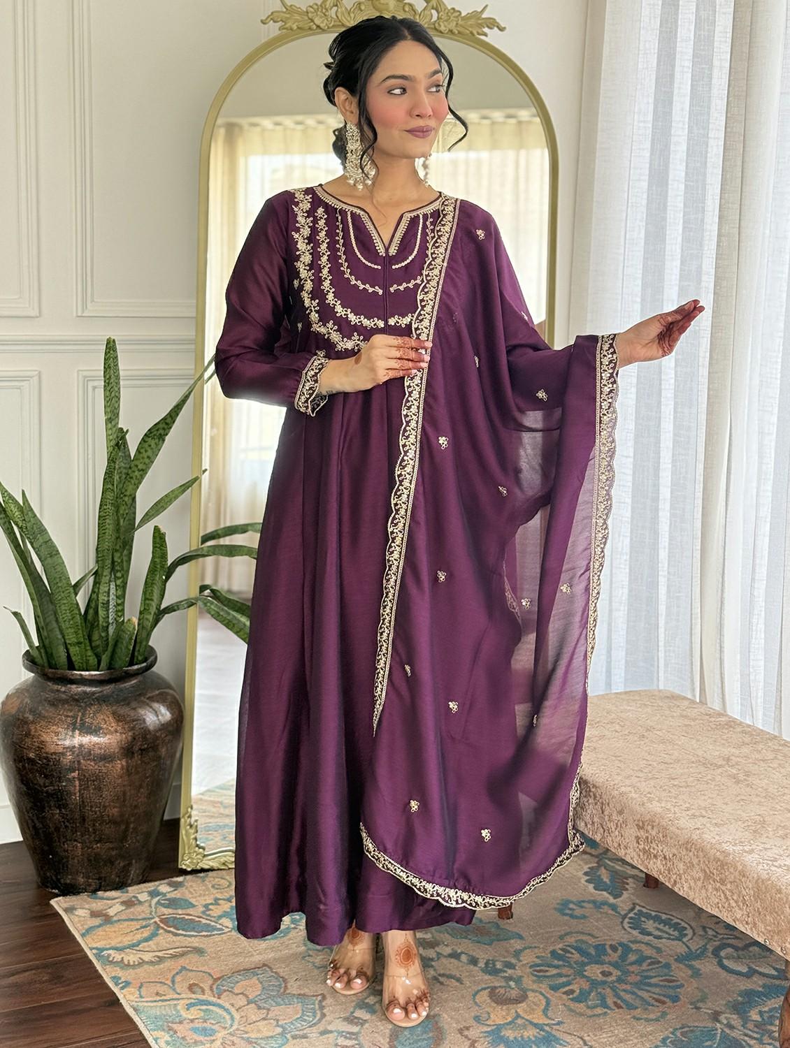 women embroidered long sleeve anarkali kurta pant with dupatta set - 22004674 - Standard Image - 1