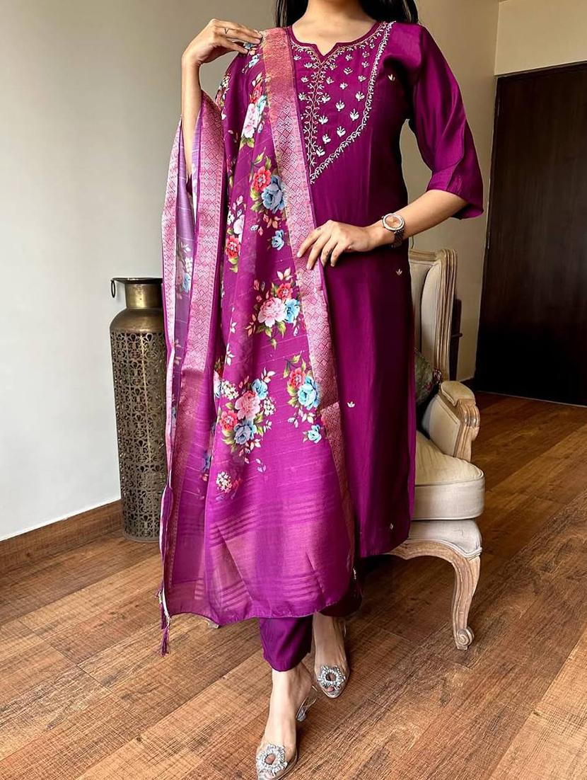 women embroidered three quarter sleeve kurta pant with dupatta set - 22004681 - Standard Image - 1