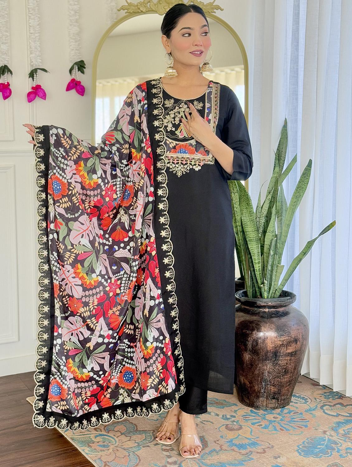 women embroidered three quarter sleeve kurta pant with dupatta set - 22004684 -  Standard Image - 1