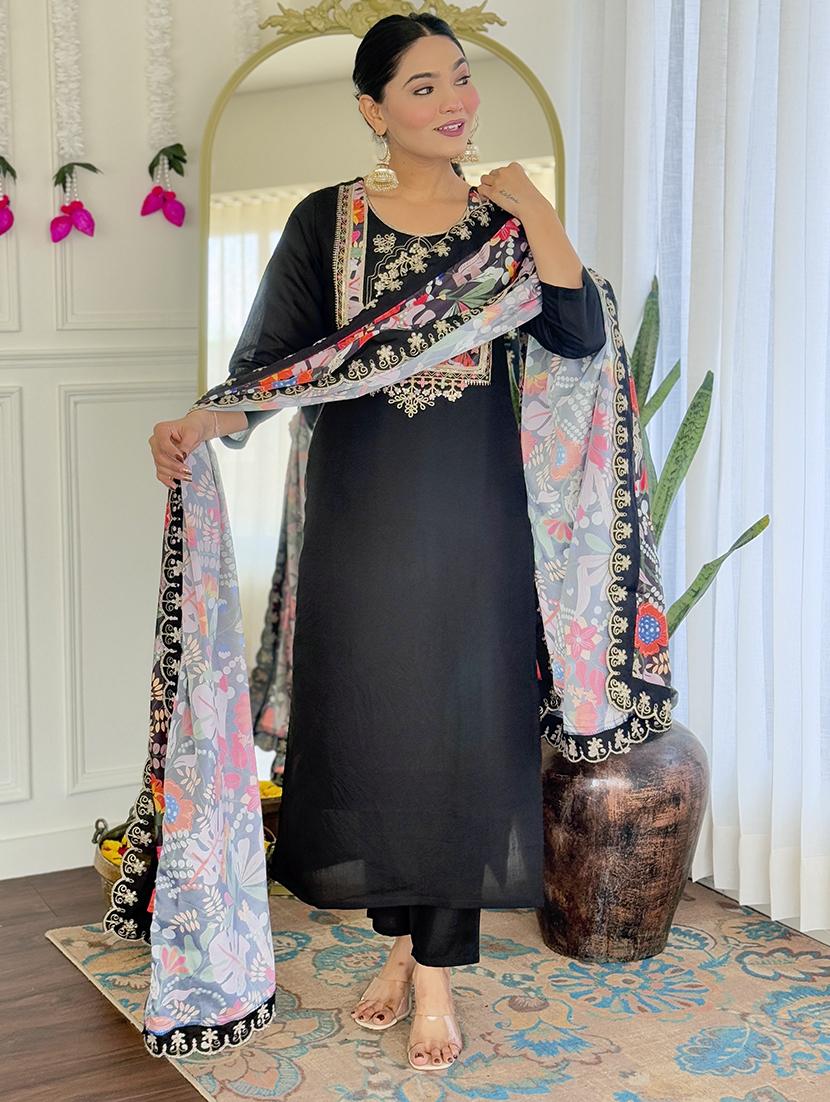 women embroidered three quarter sleeve kurta pant with dupatta set - 22004688 -  Standard Image - 1