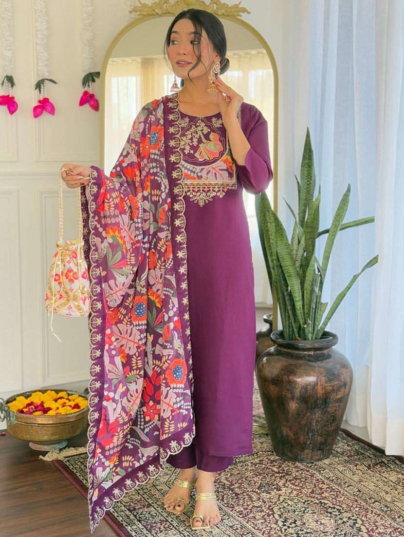 women embroidered three quarter sleeve kurta pant with dupatta set - 22004689 -  Standard Image - 1