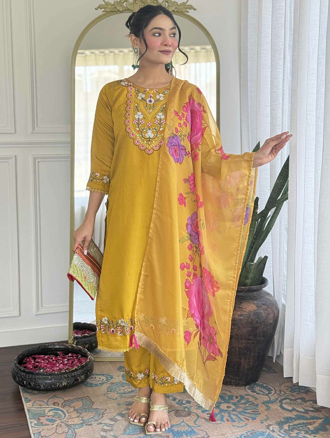women embroidered three quarter sleeve kurta pant with dupatta set - 22004698 - Standard Image - 1