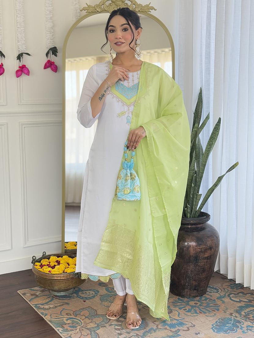 women embroidered three quarter sleeve kurta pant with dupatta set - 22004709 -  Standard Image - 1