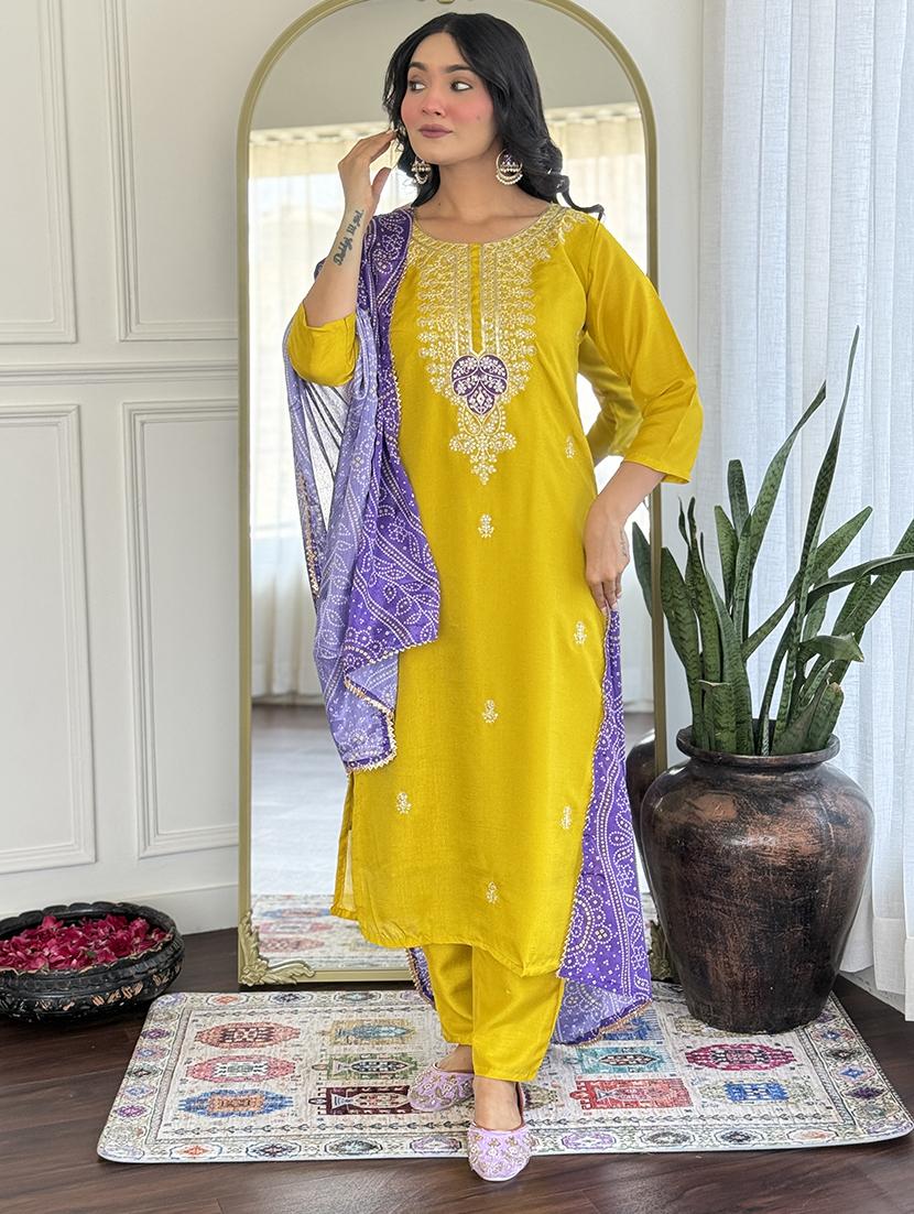 women embroidered three quarter sleeve kurta pant with dupatta set - 22004714 -  Standard Image - 1