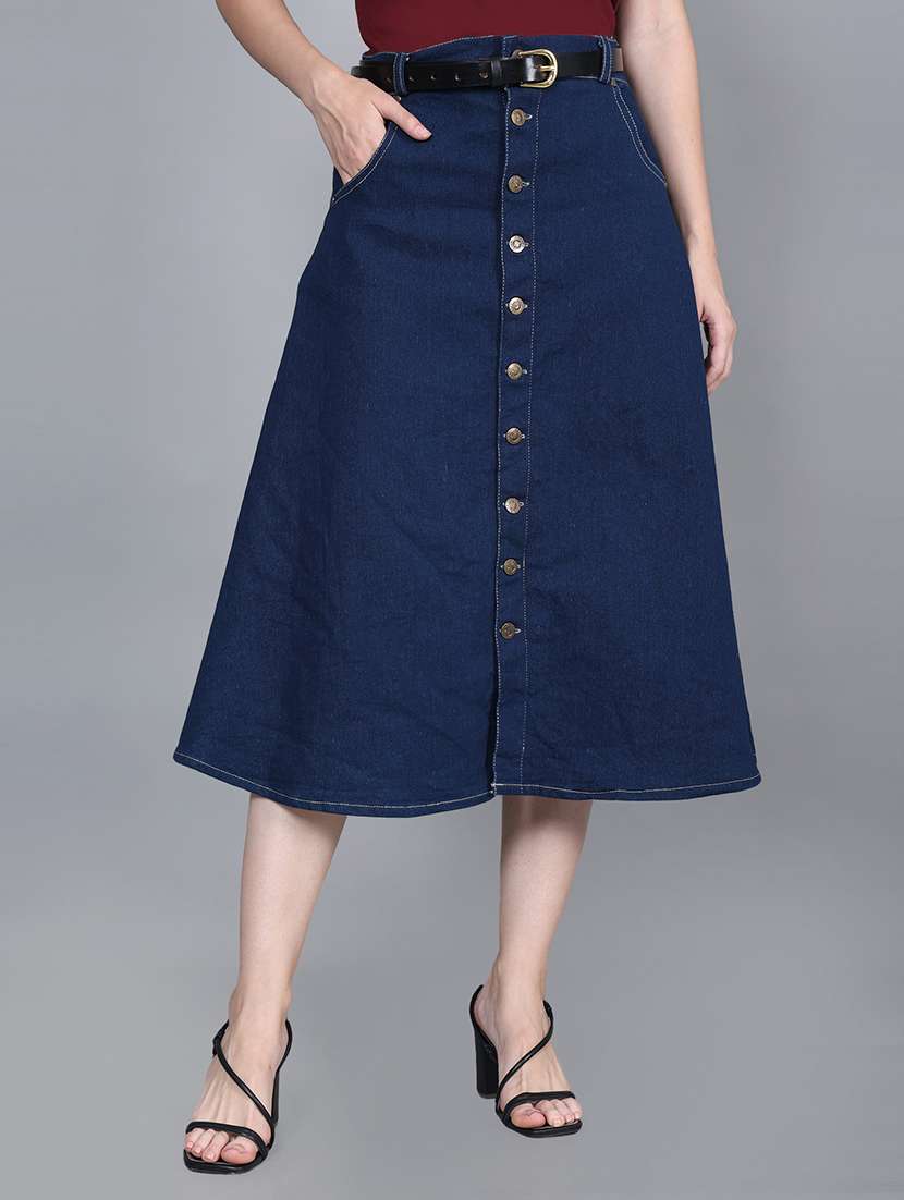 women solid high rise denim a-line skirt