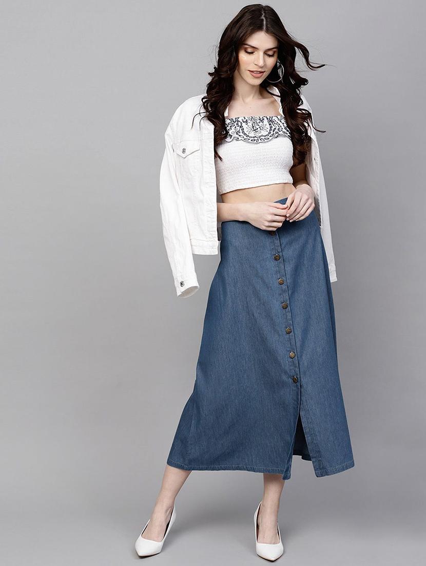 women solid high rise denim a-line skirt - 22004886 - Standard Image - 4
