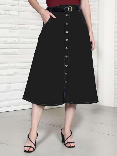 women solid mid rise denim a-line skirt - 22004904 - Standard Image - 0