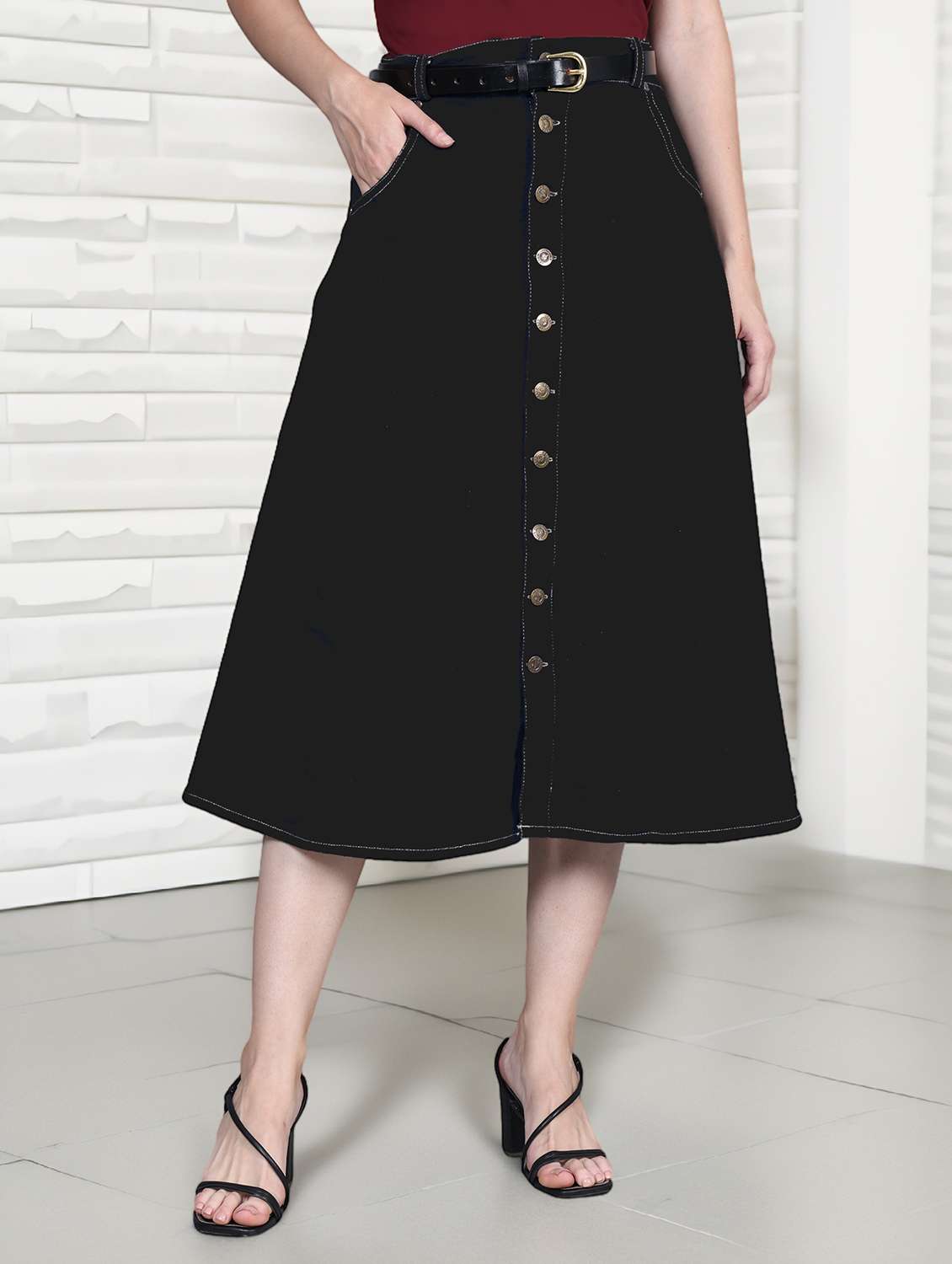 women solid mid rise denim a-line skirt - 22004904 - Zoom Image - 0