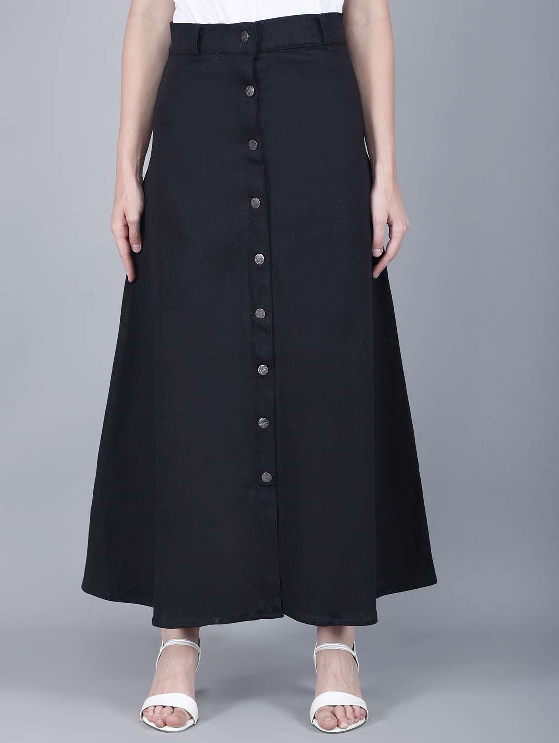 women solid mid rise denim a-line skirt