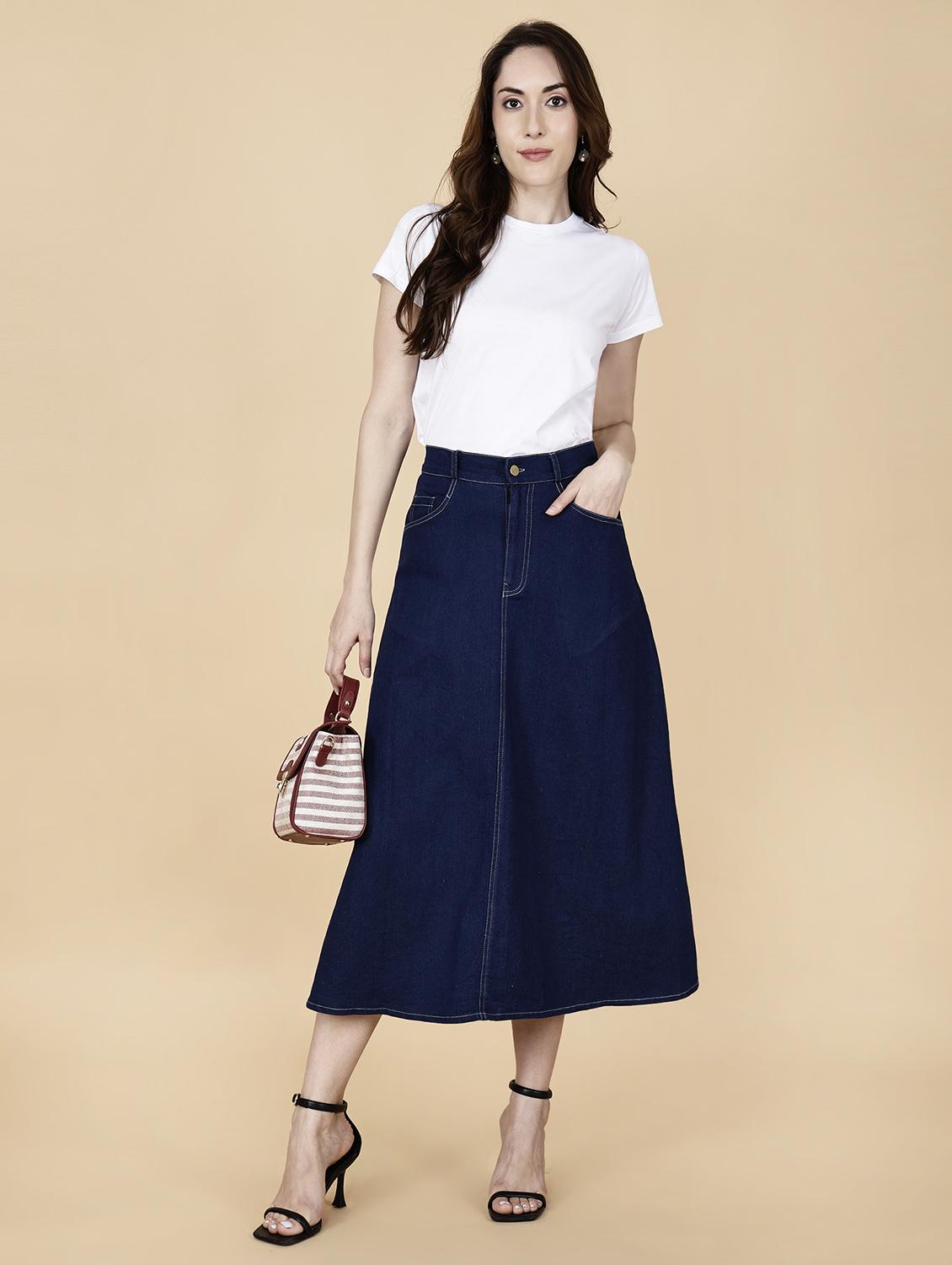 women solid mid rise denim a-line skirt - 22004907 - Standard Image - 4