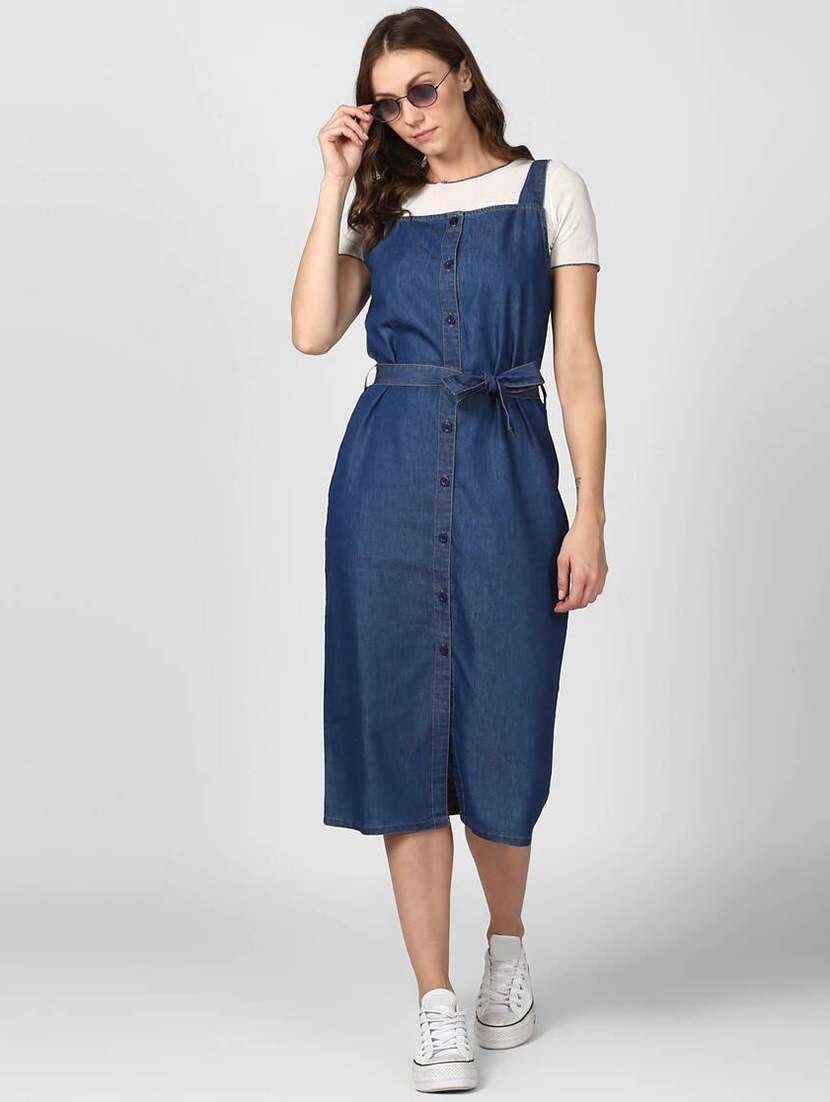 women blue solid shoulder strap dungaree dress