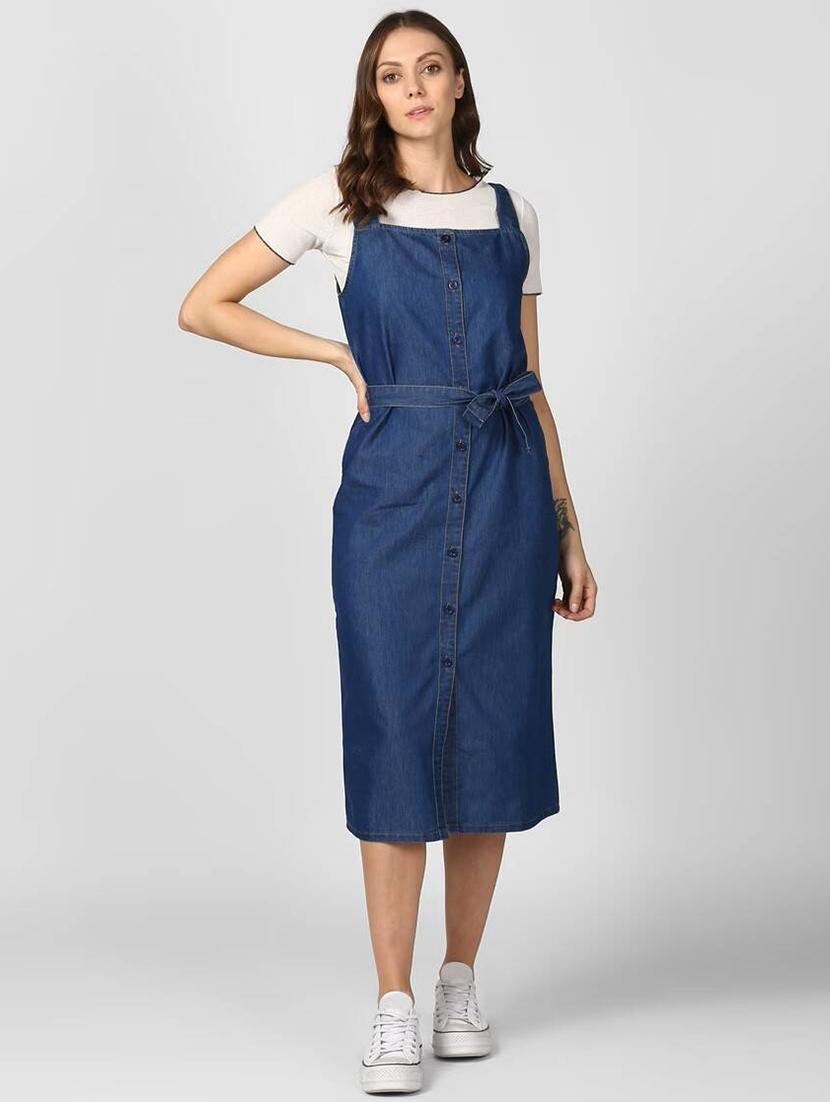 women blue solid shoulder strap dungaree dress - 22004908 -  Standard Image - 1