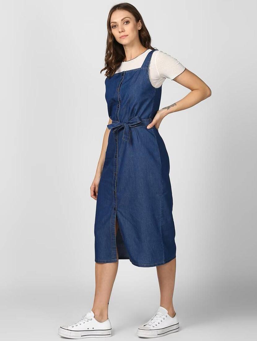 women blue solid shoulder strap dungaree dress - 22004908 - Standard Image - 4