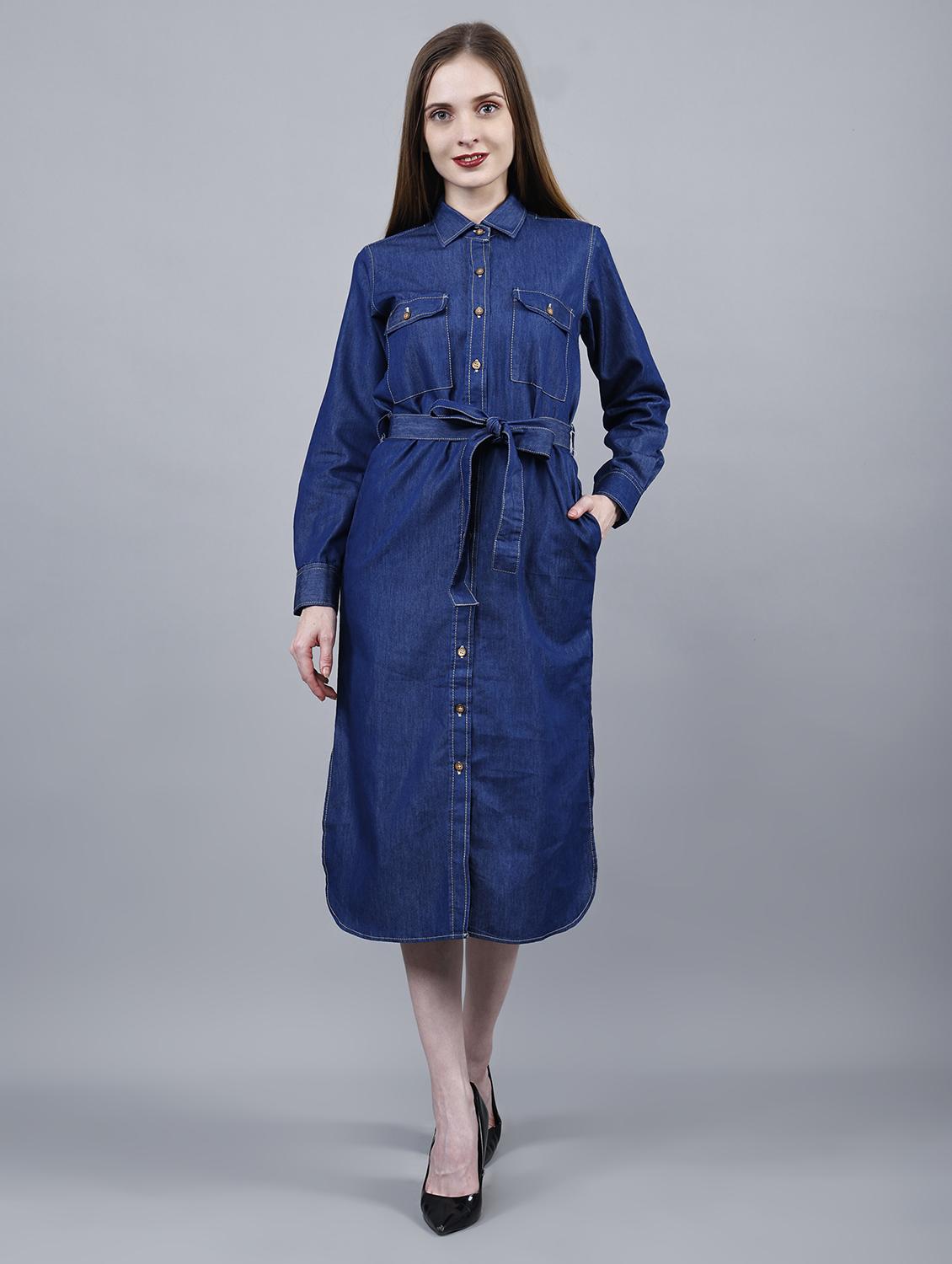 women solid collared long sleeve denim shirt dress - 22004909 - Standard Image - 1