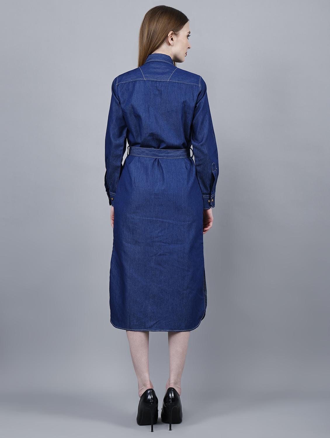 women solid collared long sleeve denim shirt dress - 22004909 - Standard Image - 4