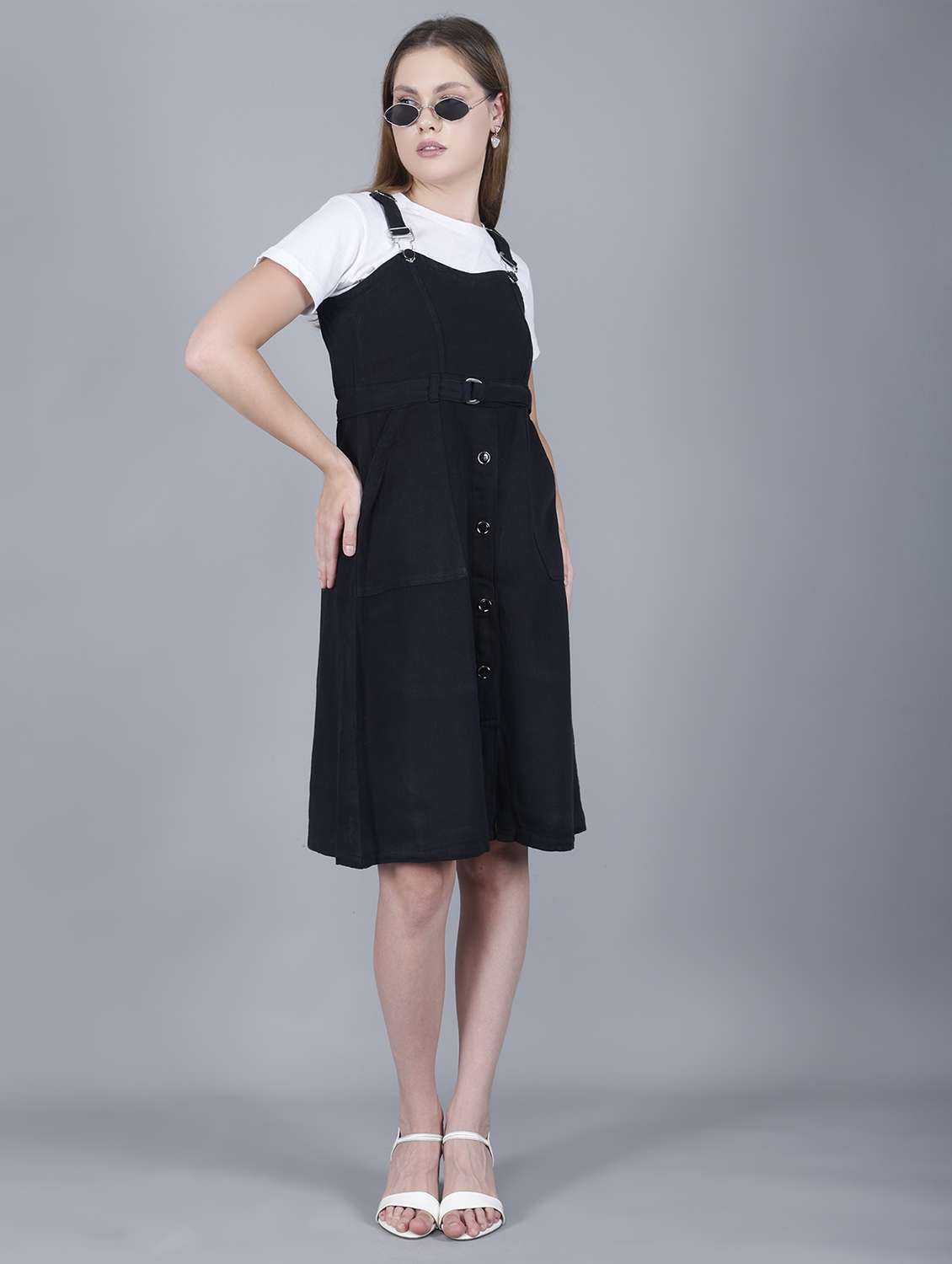 women solid shoulder strap dungaree dress