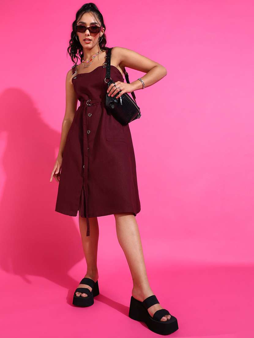 women solid shoulder strap dungaree dress