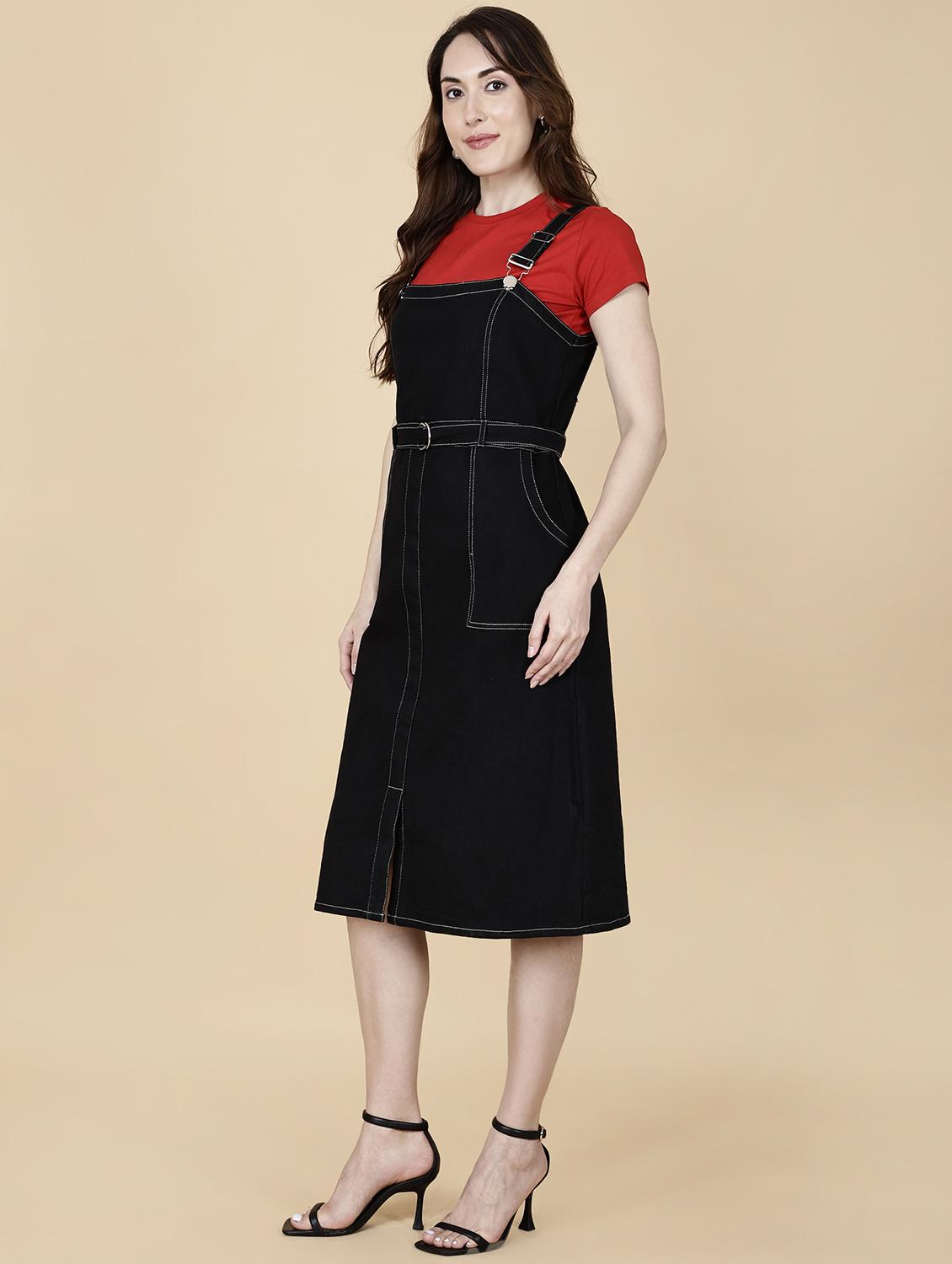 women solid shoulder strap dungaree dress - 22004917 -  Standard Image - 1