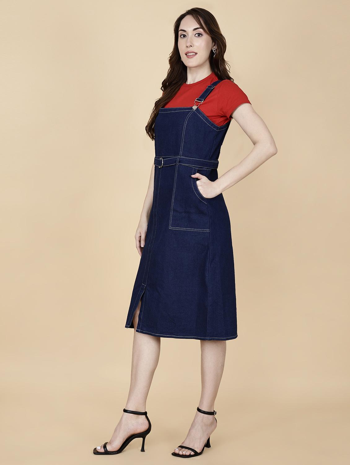 women solid shoulder strap denim dungaree dress - 22004918 -  Standard Image - 1