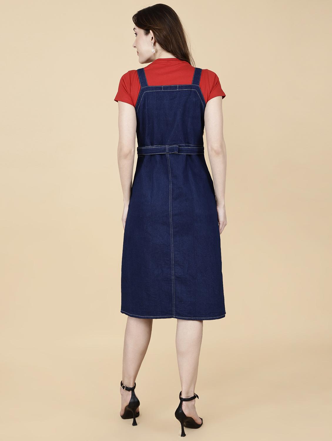 women solid shoulder strap denim dungaree dress - 22004918 - Standard Image - 4