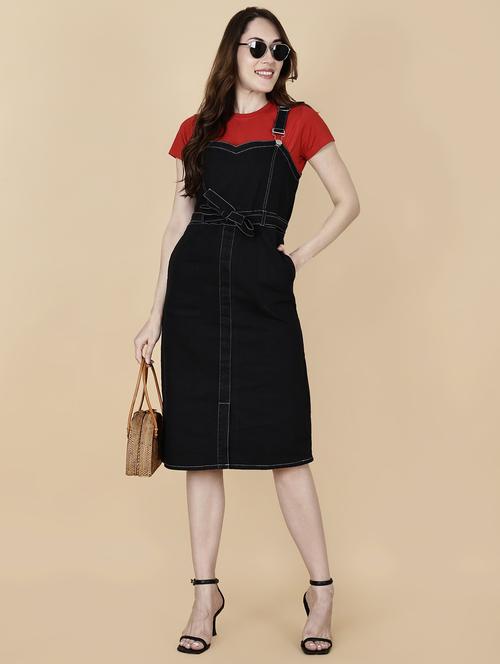 women solid shoulder strap denim dungaree dress - 22004919 - Standard Image - 0