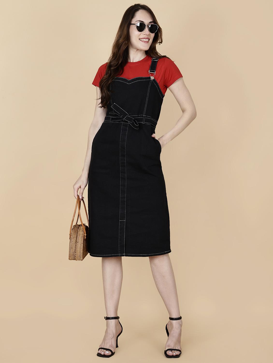women solid shoulder strap denim dungaree dress - 22004919 - Zoom Image - 0