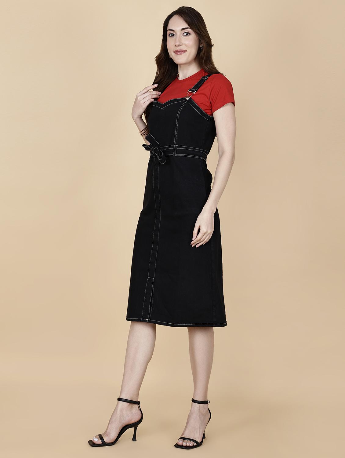 women solid shoulder strap denim dungaree dress - 22004919 -  Standard Image - 1