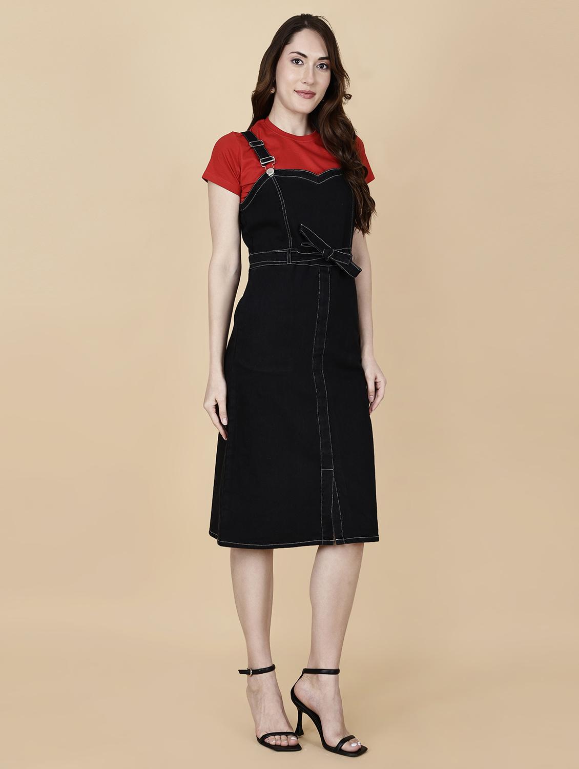women solid shoulder strap denim dungaree dress - 22004919 - Standard Image - 4