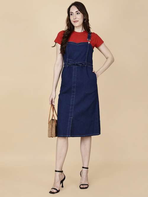 women solid shoulder strap denim dungaree dress - 22004920 - Standard Image - 0