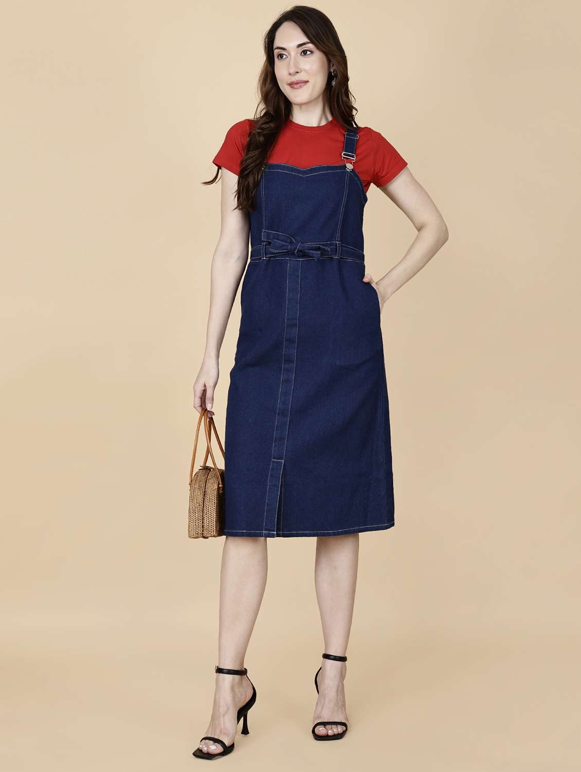 women solid shoulder strap denim dungaree dress - 22004920 - Zoom Image - 0