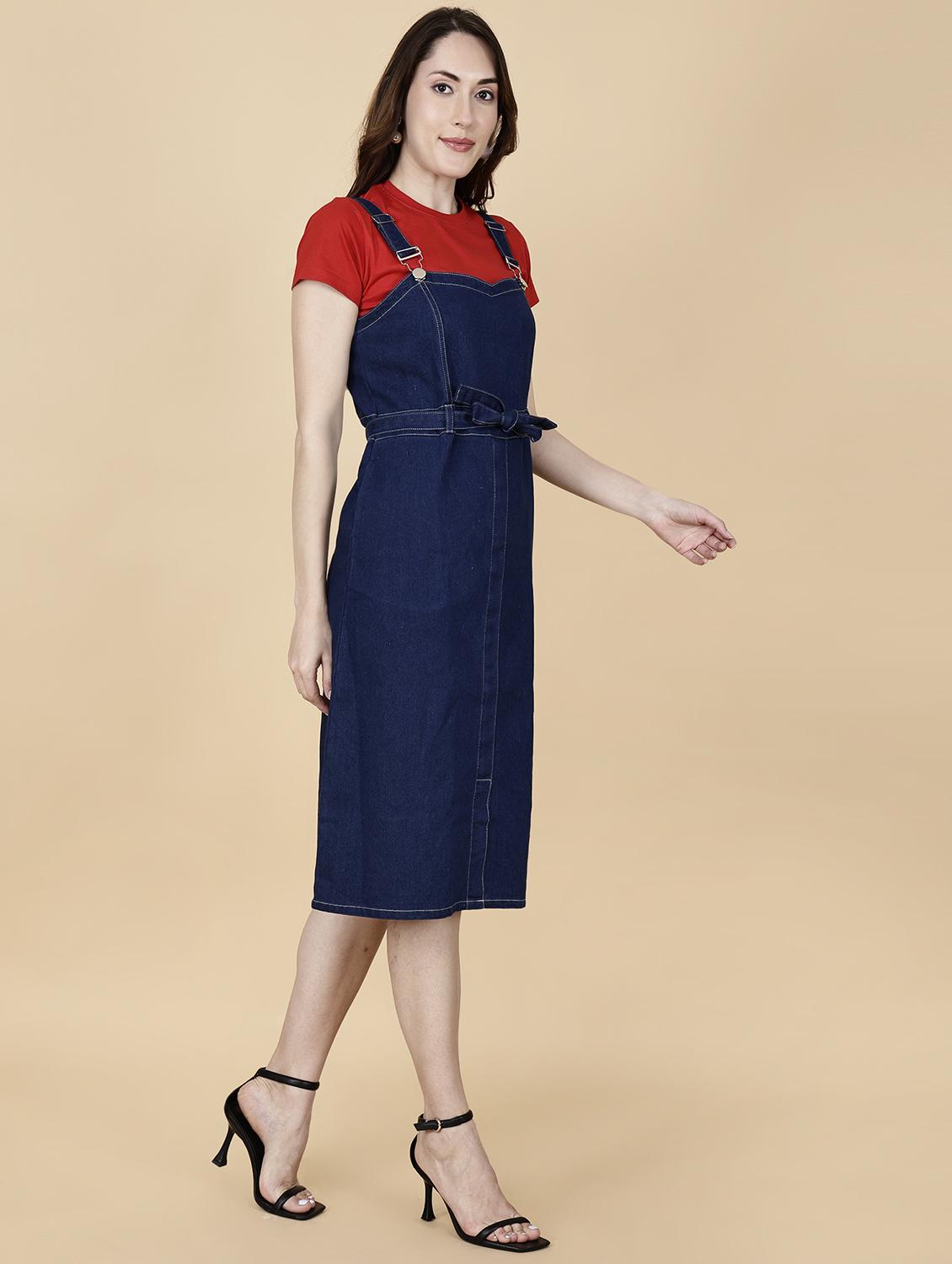 women solid shoulder strap denim dungaree dress - 22004920 - Standard Image - 4