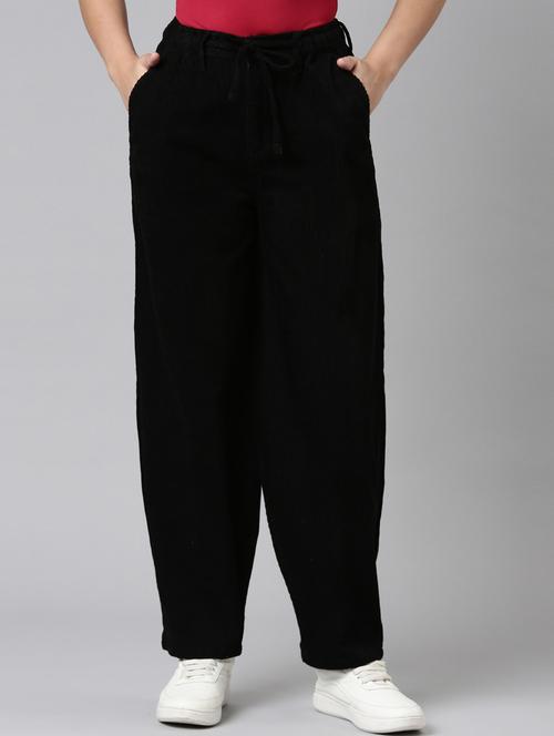 women solid high rise relaxed fit peg trouser - 22004924 - Standard Image - 0