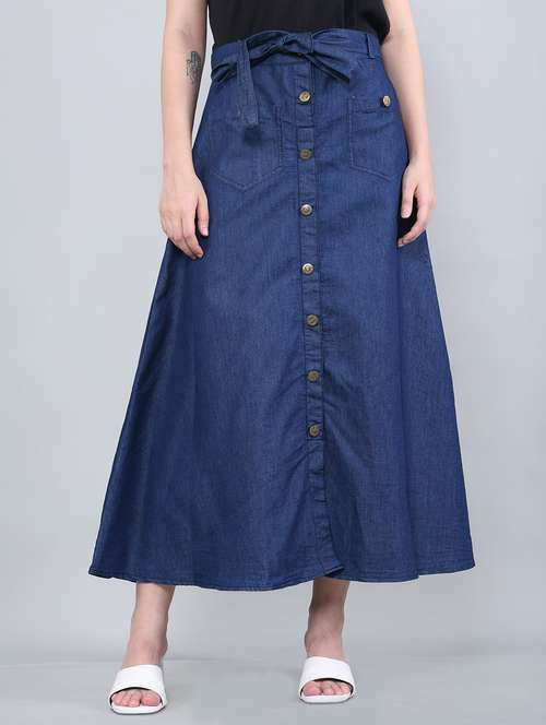 women solid mid rise denim a-line skirt - 22004925 - Standard Image - 0