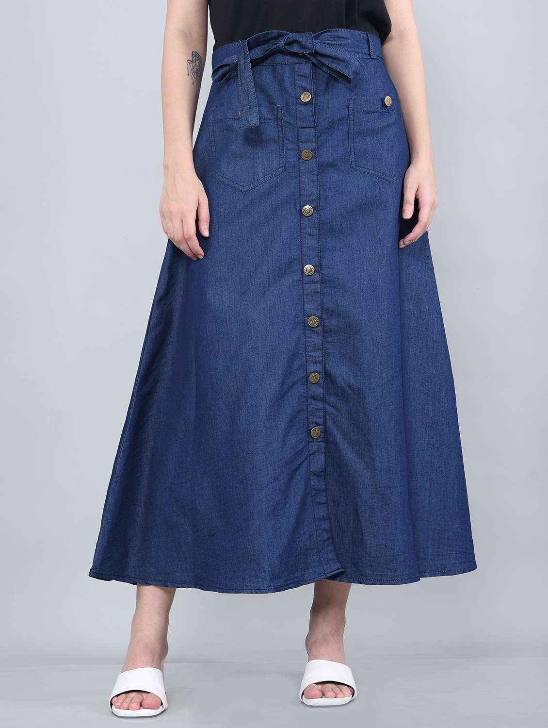 women solid mid rise denim a-line skirt - 22004925 - Zoom Image - 0
