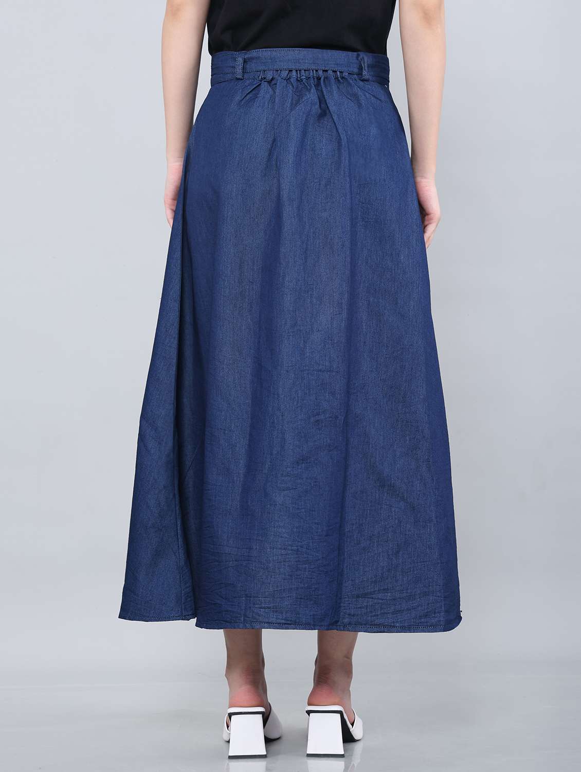 Women Solid Mid Rise Denim A Line Skirt