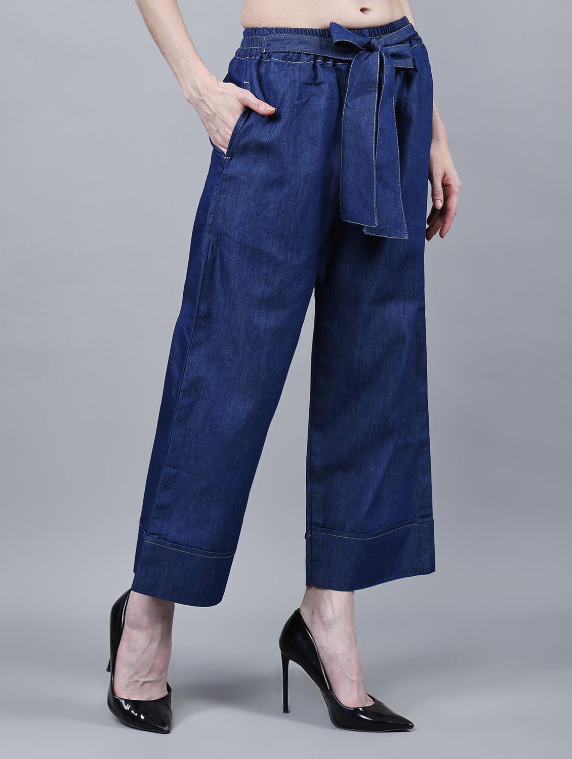 women solid mid rise denim wide leg trouser - 22004926 -  Standard Image - 1