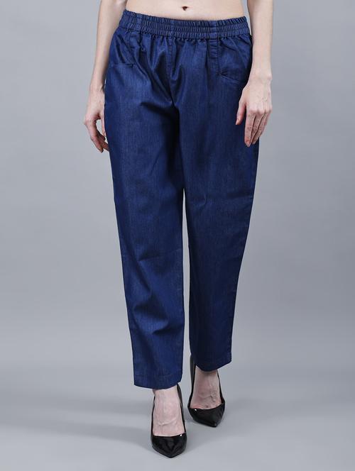 women solid mid rise denim tailored pants - 22004927 -  Standard Image - 0