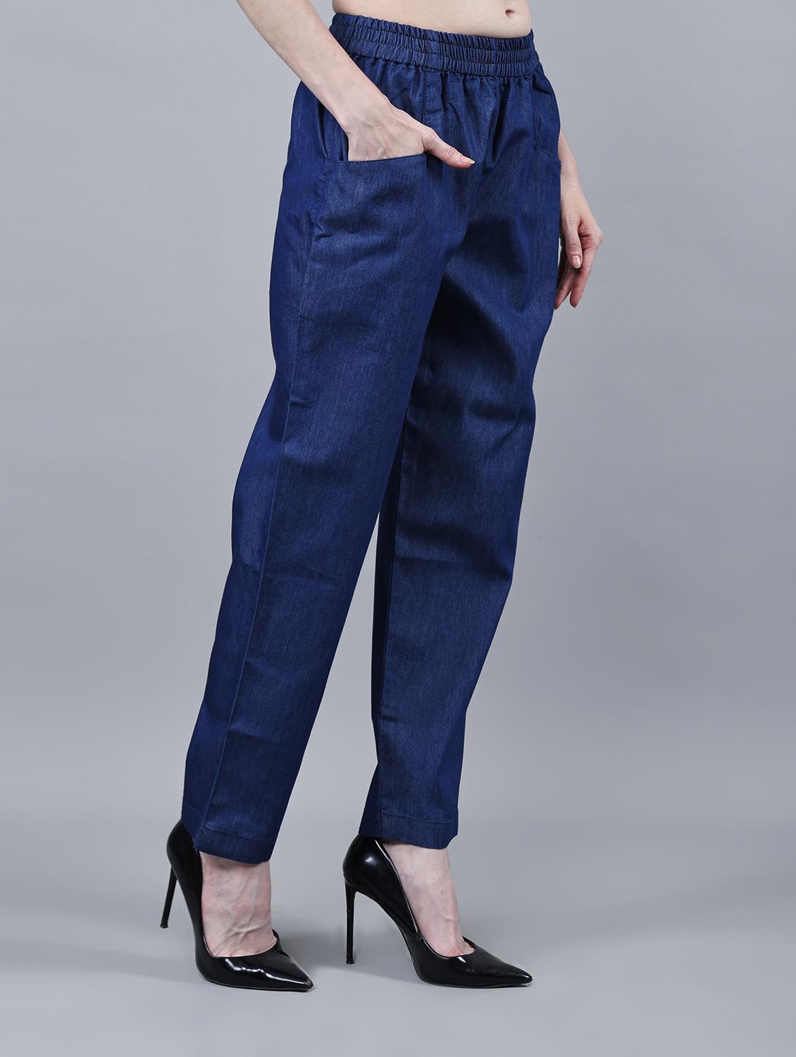 women solid mid rise denim tailored pants - 22004927 - Standard Image - 1