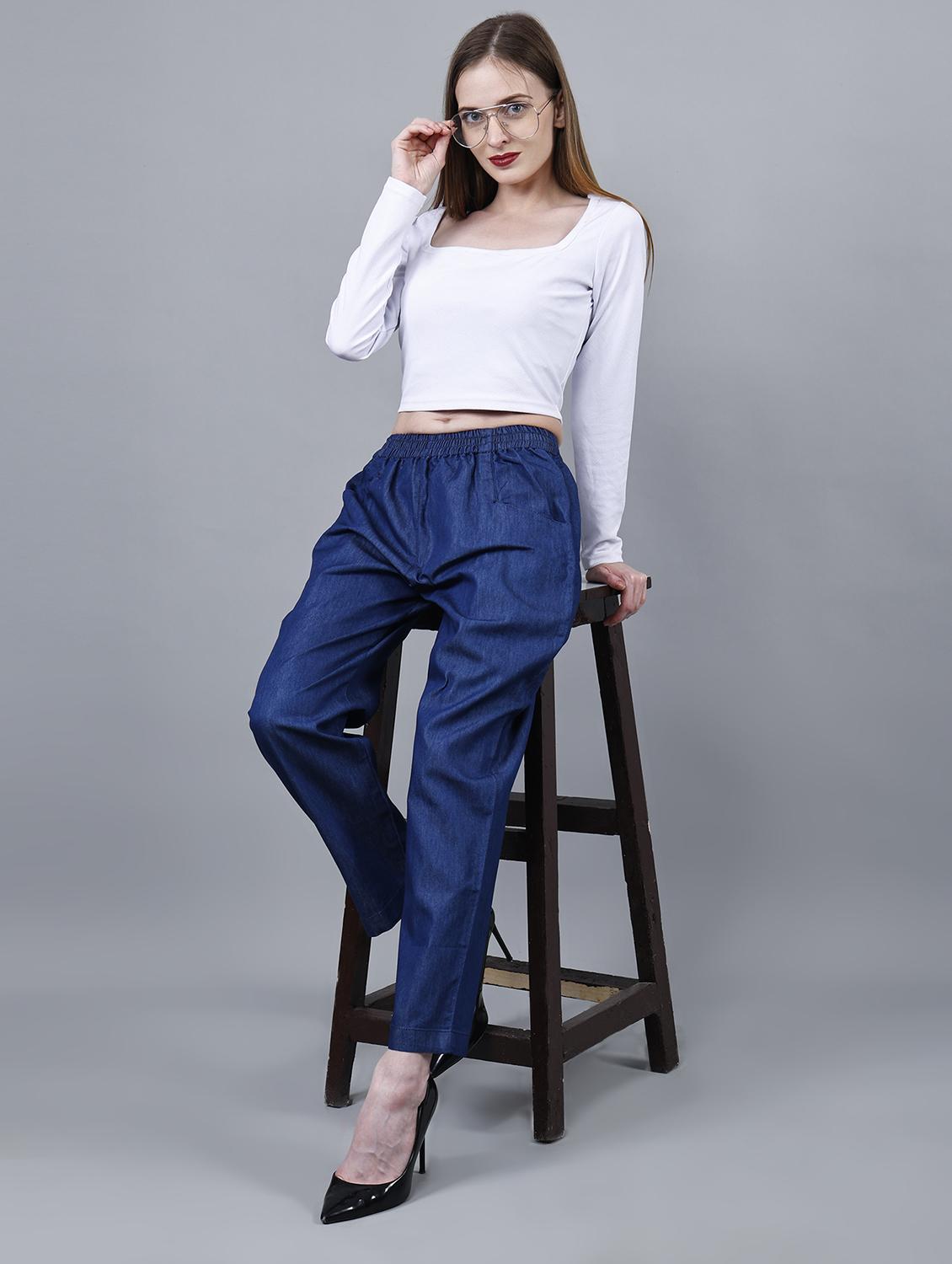 women solid mid rise denim tailored pants - 22004927 - Standard Image - 4