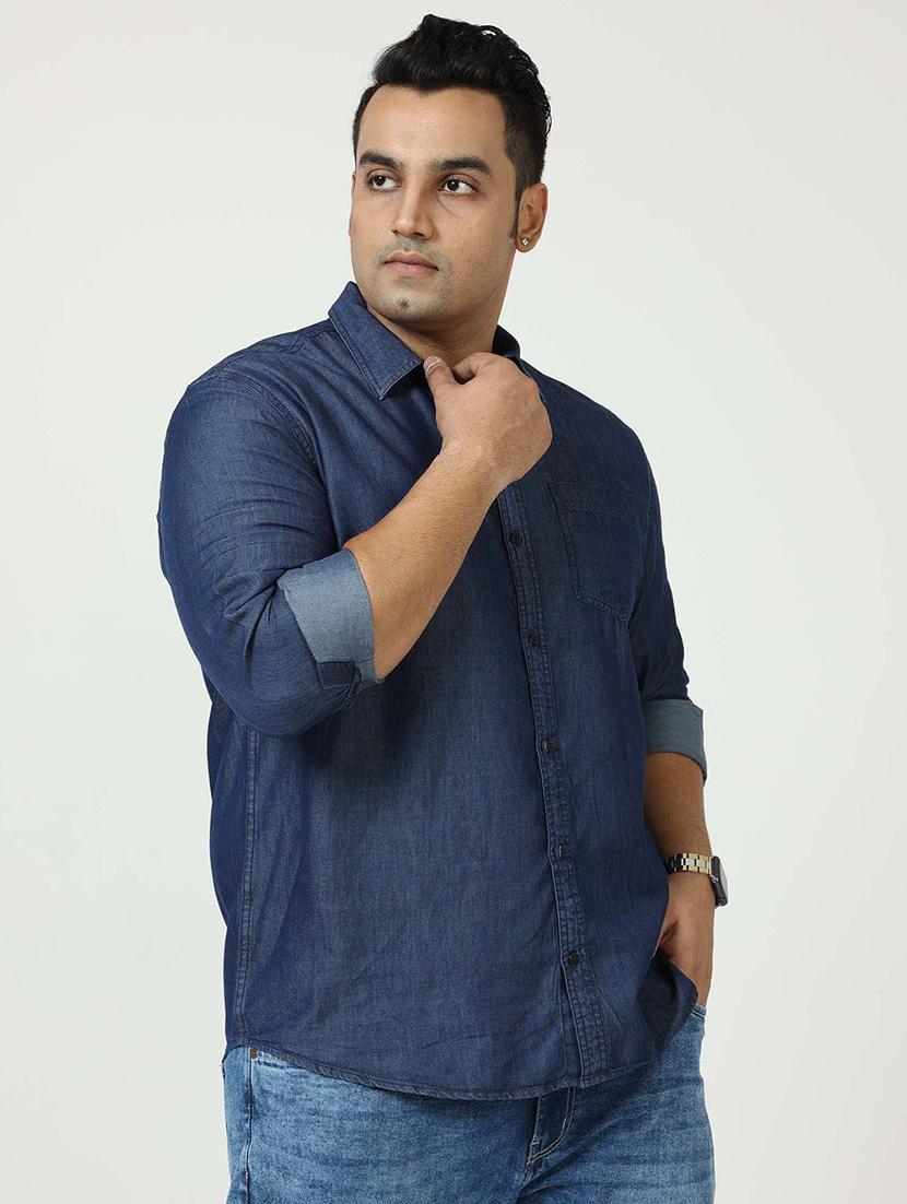 men plus size solid long sleeve regular fit denim casual shirt - 22004928 - Standard Image - 1