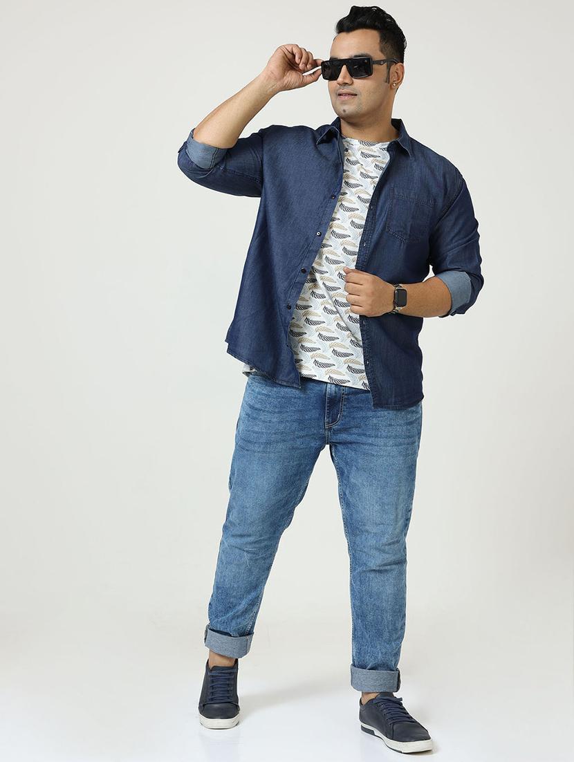 men plus size solid long sleeve regular fit denim casual shirt - 22004928 - Standard Image - 4