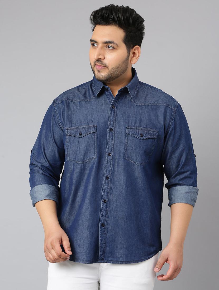 men plus size solid long sleeve regular fit denim casual shirt - 22004929 - Standard Image - 1