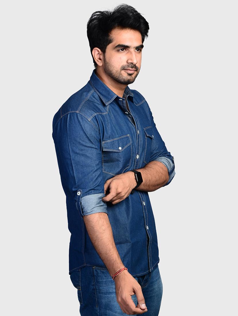 men solid long sleeve regular fit denim casual shirt - 22004930 - Standard Image - 1