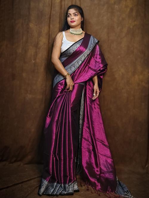 women solid with bordered saree with blouse - 22004977 - Standard Image - 0
