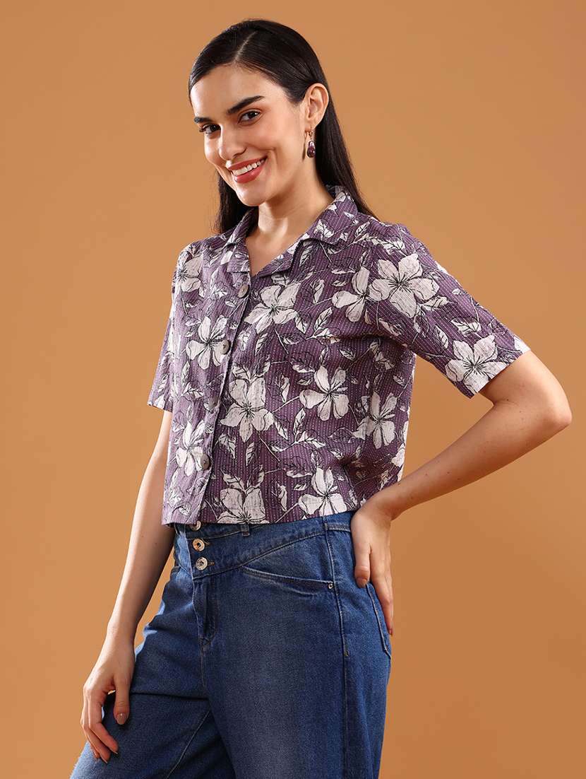 women printed collared short sleeve crop shirt - 22005136 -  Standard Image - 1