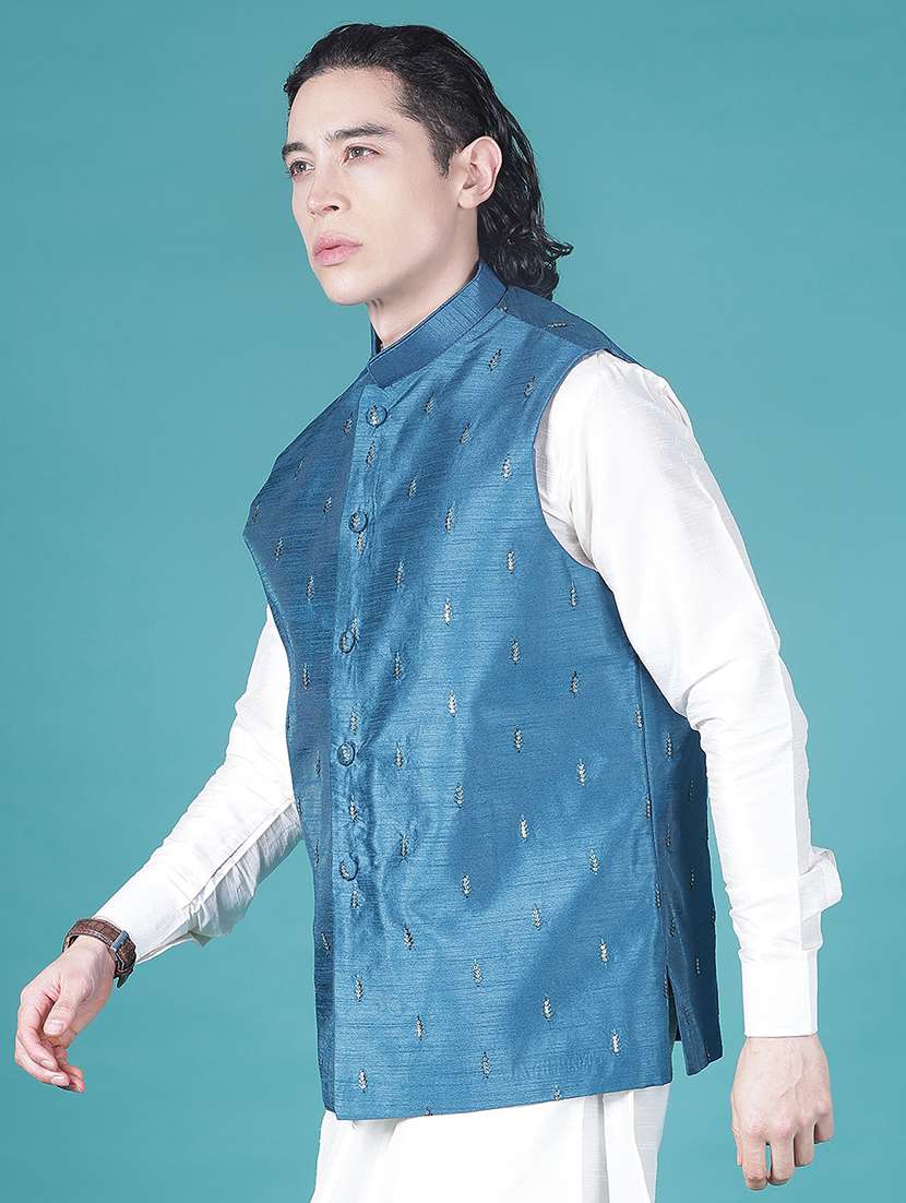 men solid with work mandarin neck regular fit nehru jacket - 22005253 -  Standard Image - 1