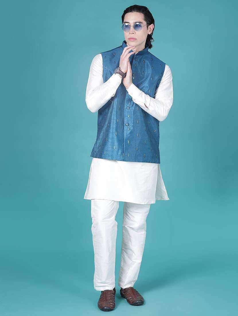 men solid with work mandarin neck regular fit nehru jacket - 22005253 -  Standard Image - 4